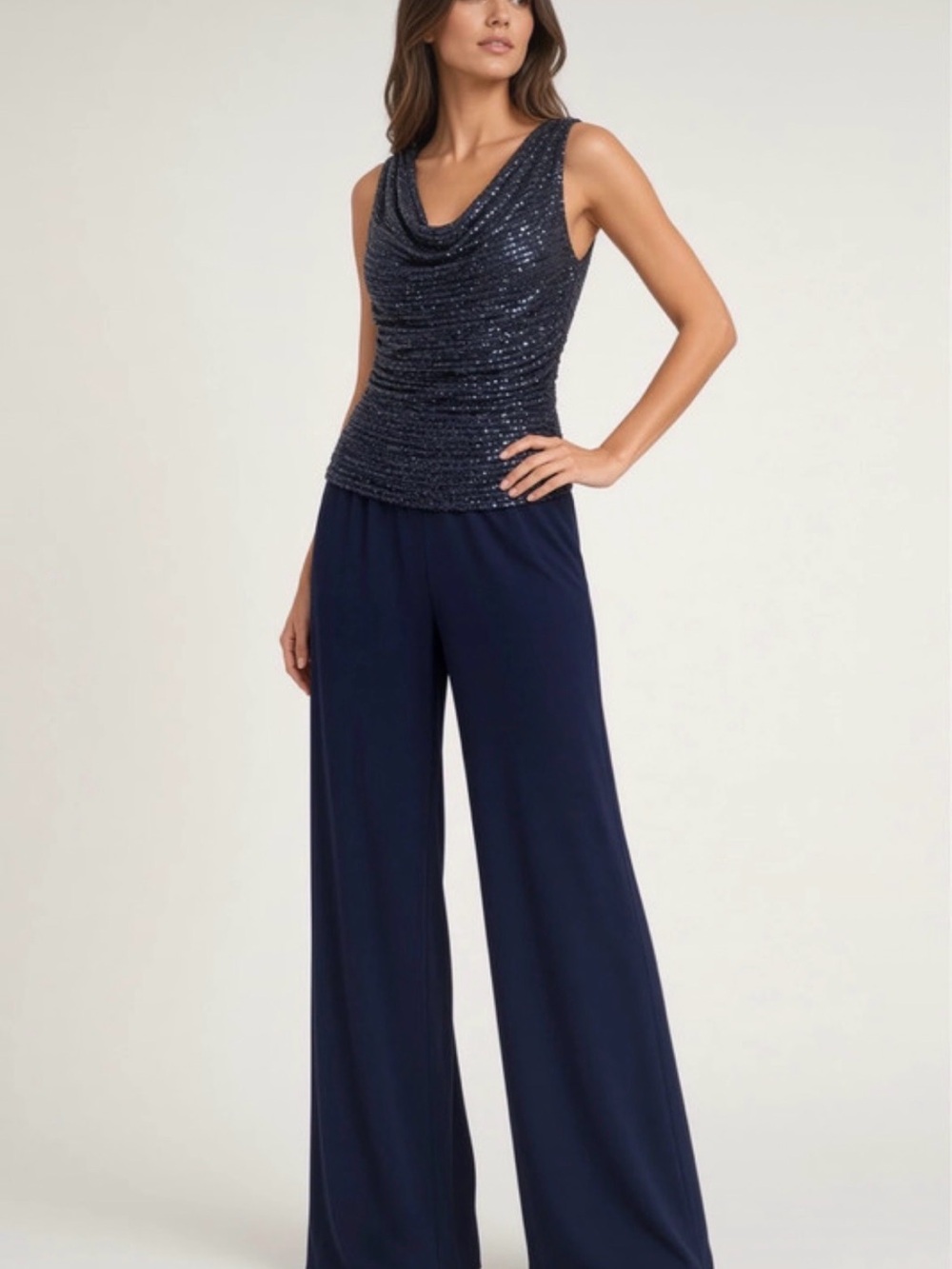 Sequin Cowl-Neck Wide-Leg Jumpsuit in Navy